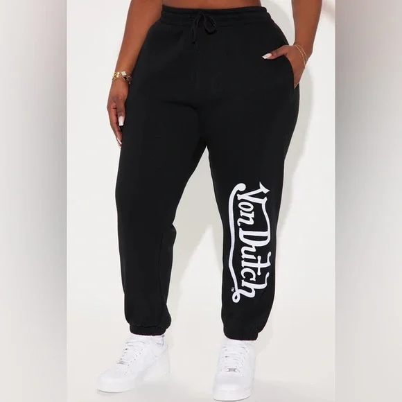 Von Dutch Black Jogger Pants with White Logo Leg Print - Picture 4 of 5